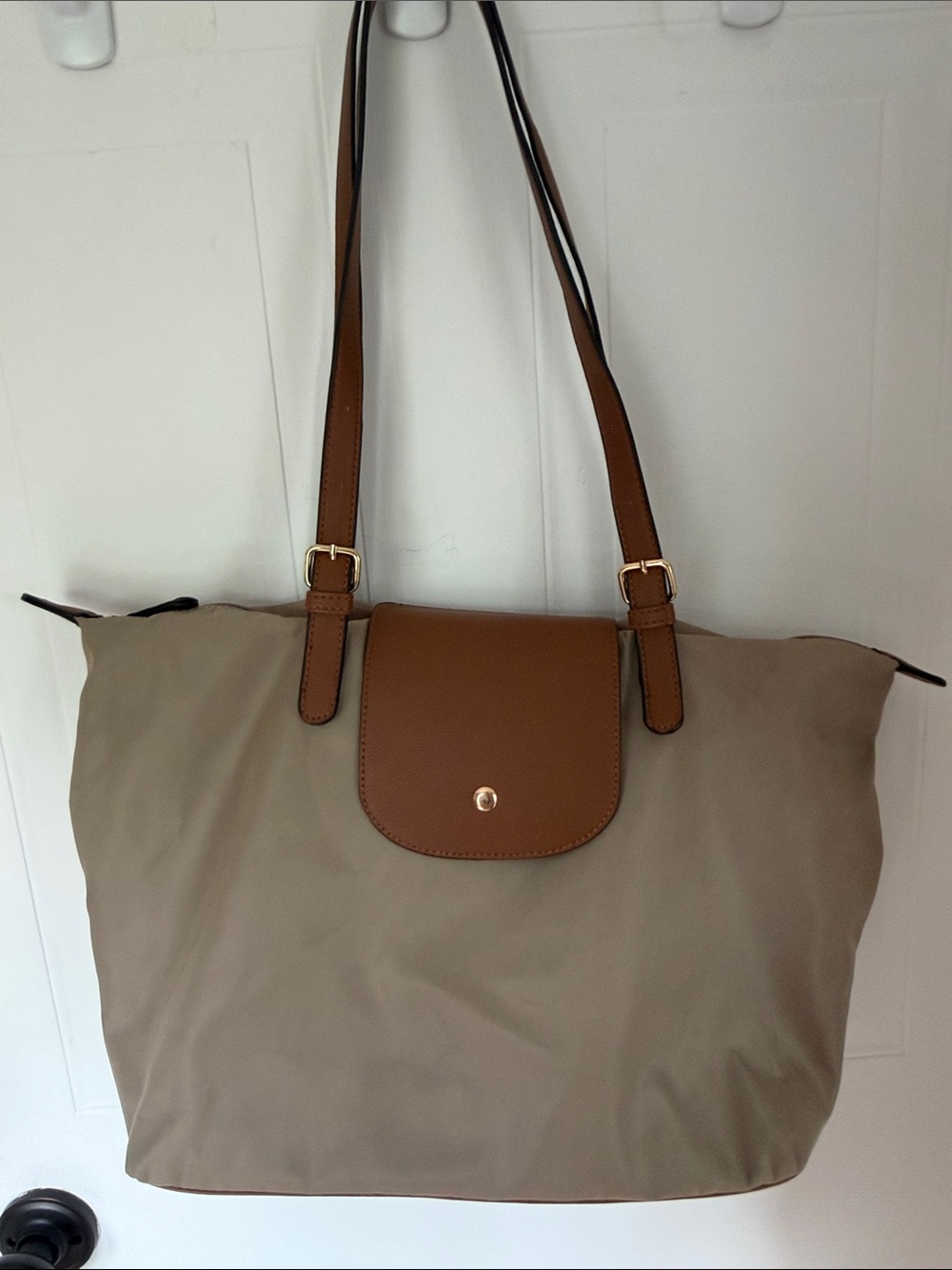 Neutral Taupe Tote Bag with Brown Trim